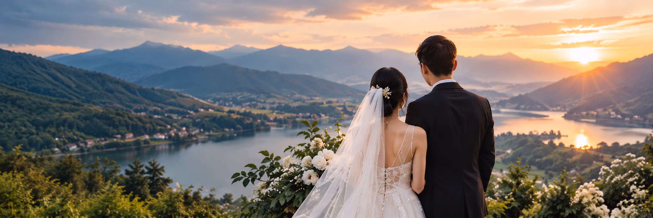 Pasangan pengantin memandang danau dan pegunungan saat matahari terbenam